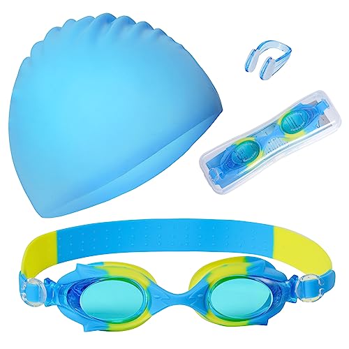3 Pieces Kids Swim Cap for Boys Girls Silicone Swimming Cap for Short Hair with Swimming Goggles and Nose Clip Unisex Waterproof Bathing Caps for Age 3-15 Children Boys Girls