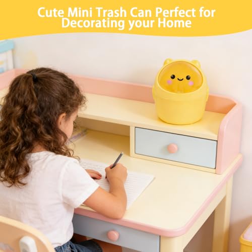 Cute Mini Trash Can with Lid - Portable Desktop Wastebasket, Yellow