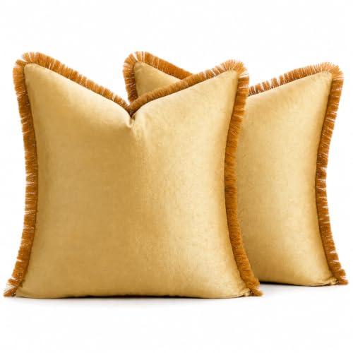 KWLET Gold Velvet Throw Pillow Covers Set of 2 18x18 Inches with Tassels - Boho Modern Home Decor