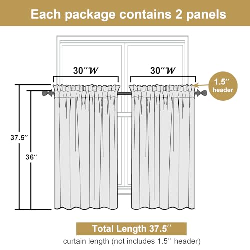 Lecloud Blackout Kitchen Curtains 30W x 36L Pack of 2 - Thermal Privacy Window Drapes