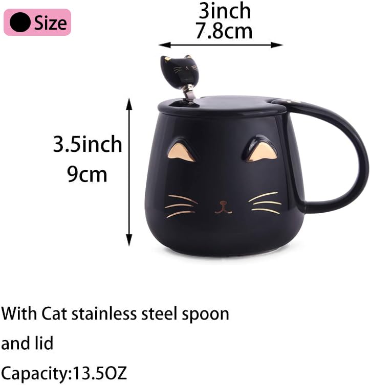 Pink Ceramic Cat Mug with Stainless Steel Spoon - 13 oz Handmade Gift (Variation: Black)