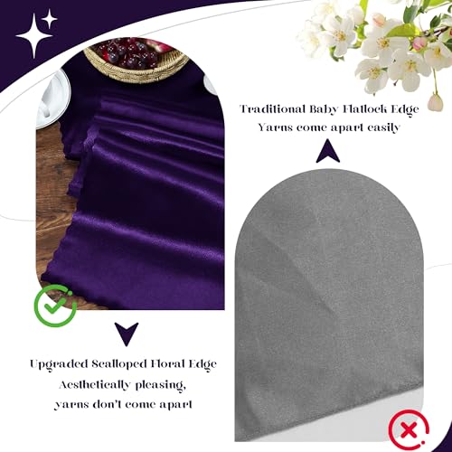Purple Satin Table Runners 12x72 Inch - 2 Pack with Scalloped Edge