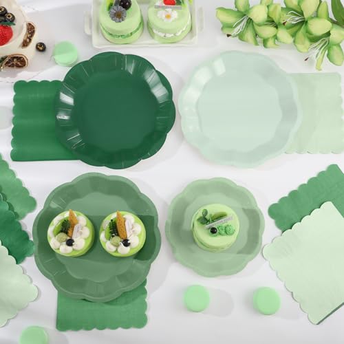 NatNarr Sage Green Plates & Napkins Set for Parties, 24 Guests, Scalloped Edges