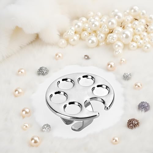 WaigN Silver Metal Mini Manicure Palette with Finger Ring for Nail Art