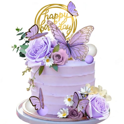 Purple Flower Butterfly Cake Toppers for Birthday & Wedding