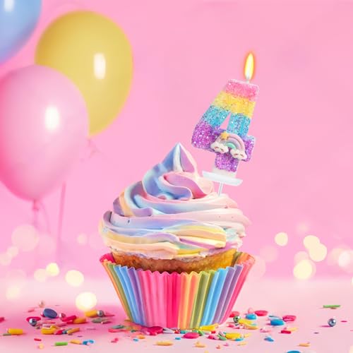 Number 4 Rainbow Birthday Candle with Sequins - Glitter Cake Decoration
