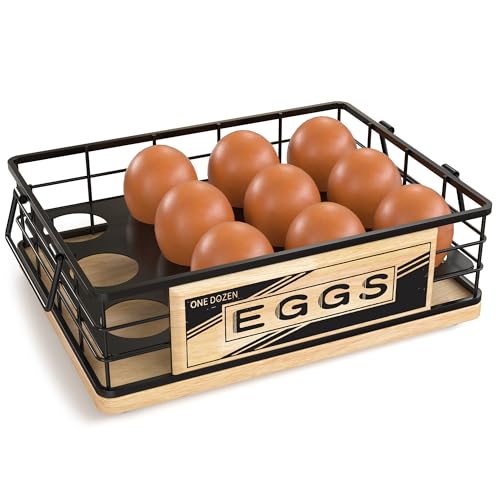 Farmhouse Egg Holder Countertop with Oak Wood & Metal - Natural & Black