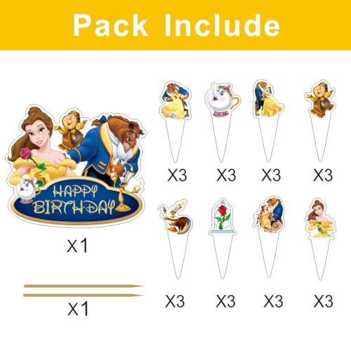 25Pcs Beauty & Beast Cake Decorations with Cupcake Toppers for Girls Birthday Party