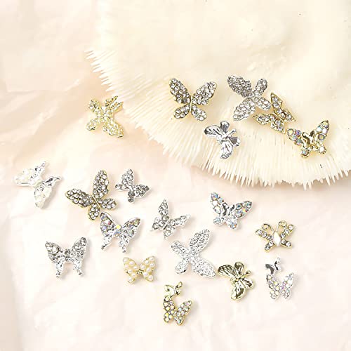 WOKOTO 36 Pcs 3D Butterfly Nail Charms Gold and Silver Rhinestones