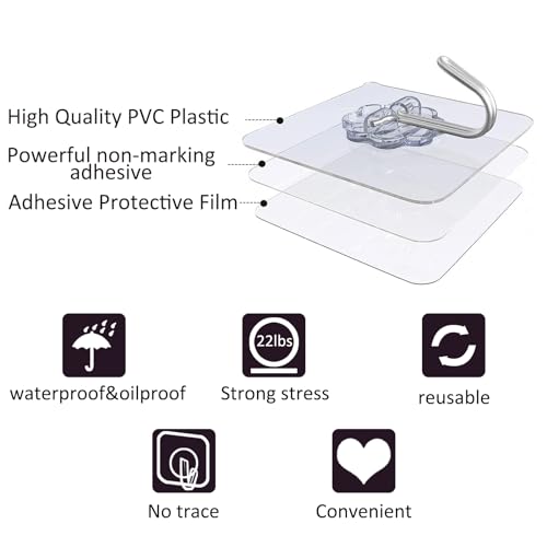 30 Pack Heavy Duty Self Adhesive Hooks - Waterproof Clear Wall Hooks