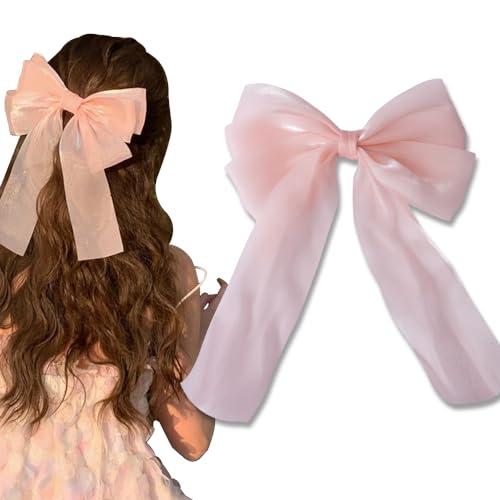 Light Pink Tulle Hair Bow Clip with Tassels Coquette French Barrette