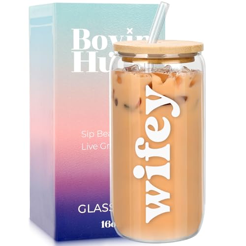 Wifey Cup - 16oz Glass Cup with Lid & Straw for Brides
