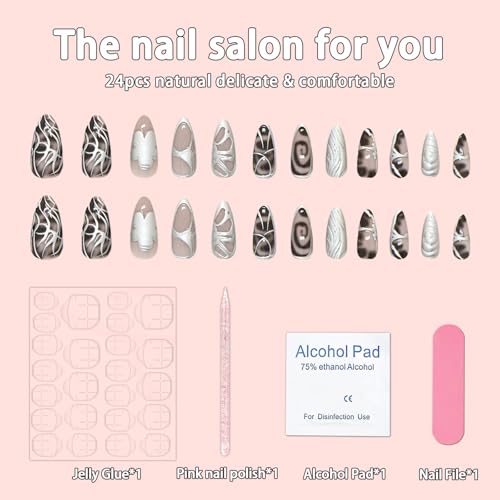 Silver Chrome Press on Nails Medium Almond Gilded Flower Acrylic Fake Nails