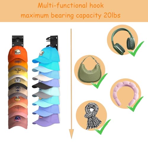 Black Baseball Cap Organizer - Wall Mount Hat Rack for 20 Caps