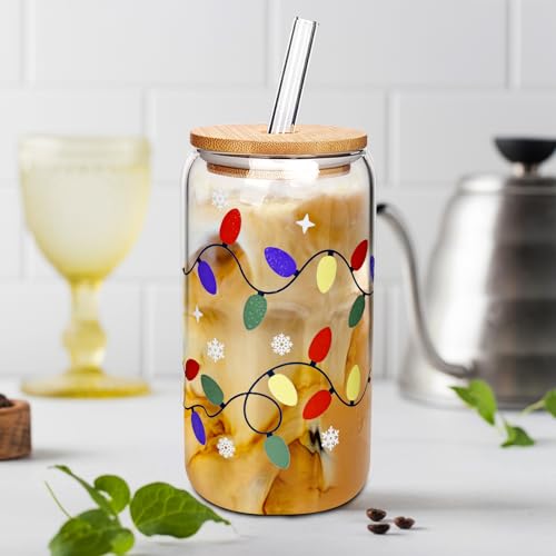 Color Changing Christmas Cup with Lids & Straws - 18oz Glass Holiday Drinkware - Variation: FL-CanGlass-Xmas
