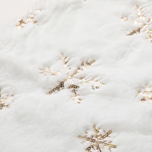 18-Inch Mini Christmas Tree Skirt White with Gold Sequin Snowflakes - Festive Holiday Decor