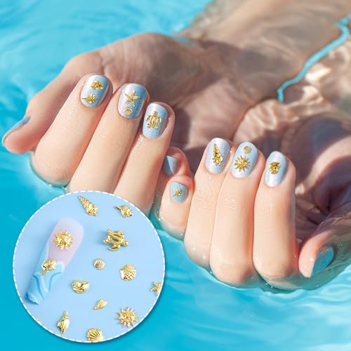Isslly Gold Ocean 3D Nail Charms - 12 Styles Beach Starfish & Seashell Metal Decals