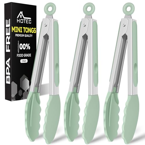HOTEC 7-Inch Mini Silicone Kitchen Tongs - Heat Resistant Set of 3 (Light Green)