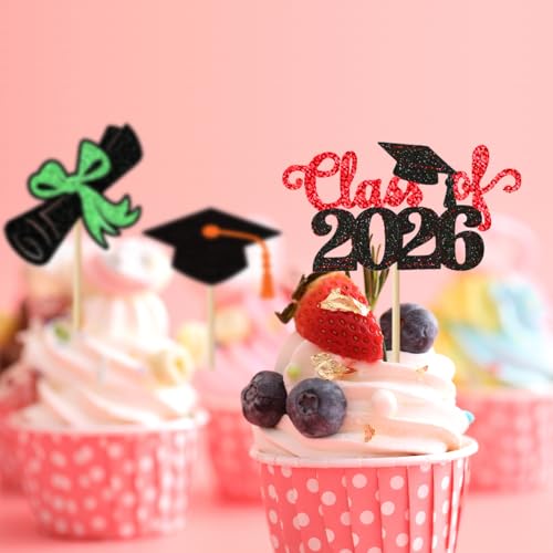Class of 2026 Graduation Cupcake Toppers - 24Pcs Gold Glitter