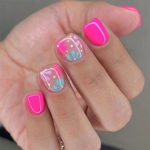 Pink Square Press on Nails with Cute Floral Design, 24Pcs Short Reusable