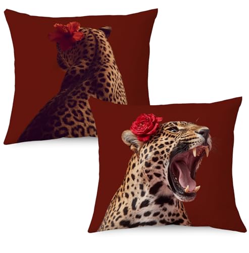 Red Floral Cheetah Throw Pillow Cover 18x18 Soft Flannelette Decorative