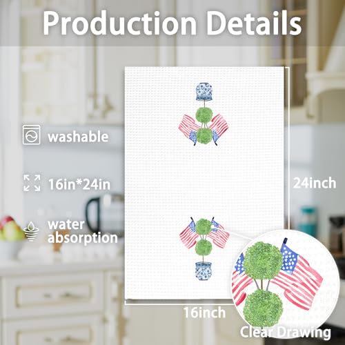 4th of July Patriotic Kitchen Towels - Blue Chinoiserie Topiary Hand Towels, Flag & Topiary Design, 16x24, Decorative Dish Tea Towel - Topiary Flag Variation