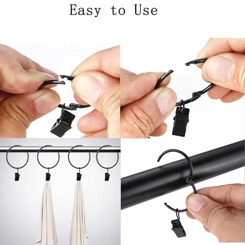Black Openable Curtain Rings with Clips, 16 Pack, 1 Inch Diameter