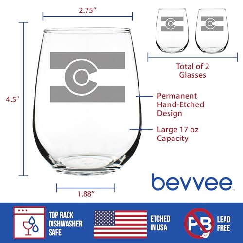 Colorado Flag Stemless Wine Glass Set of 2 - 17 oz Engraved Hometown Gift