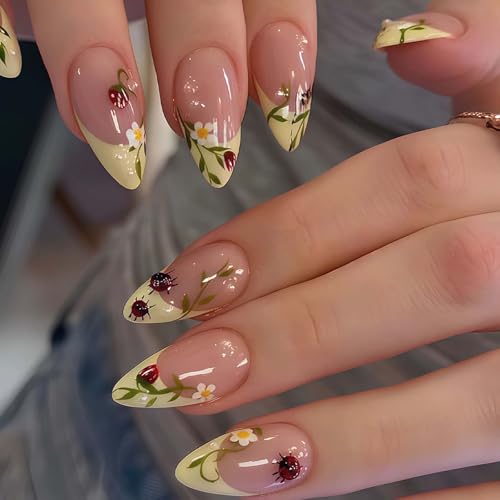 French Tip Press on Nails Medium Almond Fake Nails with Floral Design