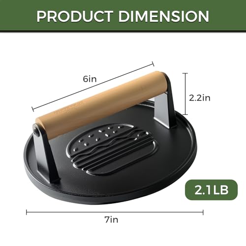 XUDAKAIXIN 7.1" Cast Iron Smash Burger Press - Heavy-Duty Grill Tool for BBQ & Indoor Cooking