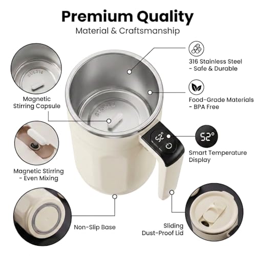 Self Stirring Coffee Mug with Temperature Display - Rechargeable & Spill-Proof