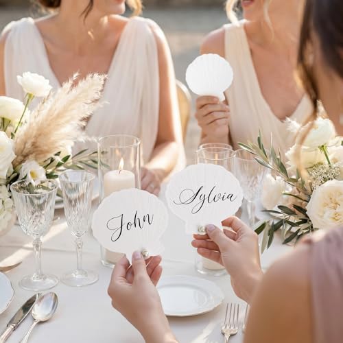 ForraFun 25 Sets Embossed Seashell Wedding Place Cards with Pearl Stickers - Beach Table Decoration