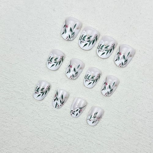 Christmas Press on Nails Short Almond French Tip Fake Nails 24Pcs