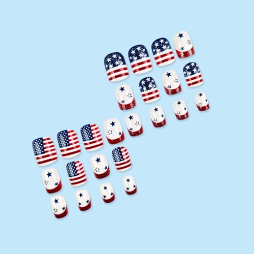 QUNQINLI Independence Day Press On Nails Short Square Star Striped Red Glitter False Nails