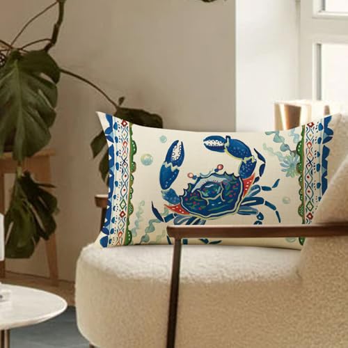 Coastal Crab Lumbar Throw Pillow Cover 12x20 - Cotton Linen