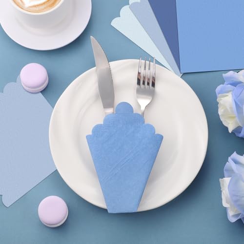 120 Pack Dusty Blue Scalloped Cocktail Napkins, 5-Inch Disposable Paper