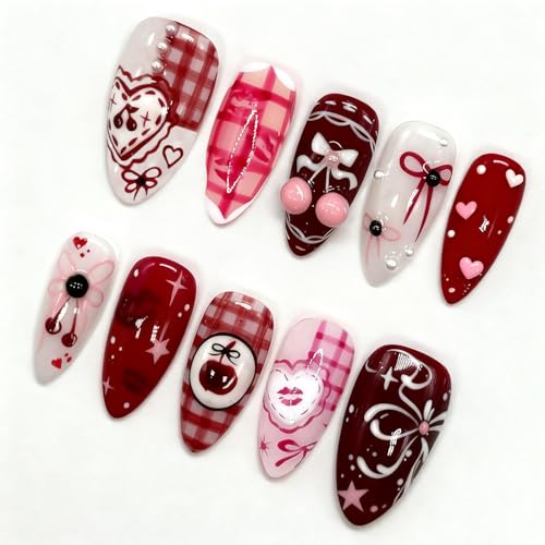 Valentine Press On Nails Medium Almond Fake Nails with Bow and Rhinestones
