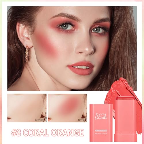 Tiejdhr 3-in-1 Cream Blush Stick - Waterproof Orange Lip, Cheek & Eye Tint