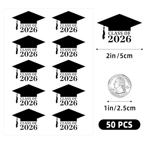 50 Pack Class of 2026 Graduation Hat Stickers - Waterproof Vinyl