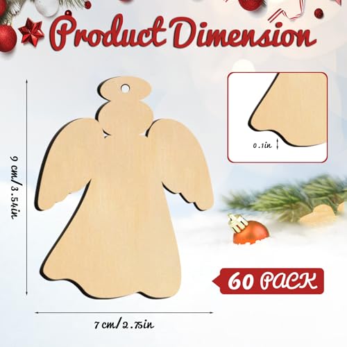 Wooden Angels Christmas Ornaments - Unfinished Wooden Angel Craft Set, 60 Pcs with Hemp Ropes - Angel Variation