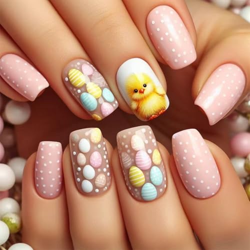 Easter Press on Nails Short Square Pink Fake Nails with Polka Dots 24 Pcs