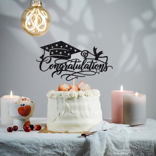 Black Glitter Graduation Cake Topper - Congratulations Cap & Diploma