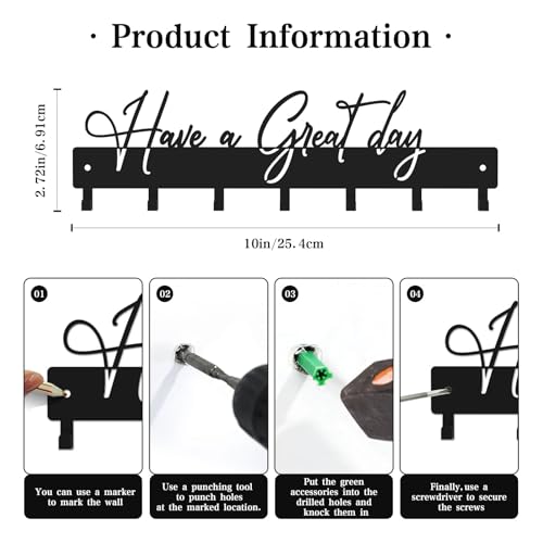 Have a Great Day Key Hooks - Stylish Black Metal Wall Mount Holder