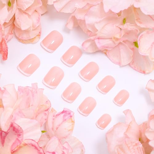 Short Square French Tip Press On Nails - 24Pcs Nude Glossy False Nails