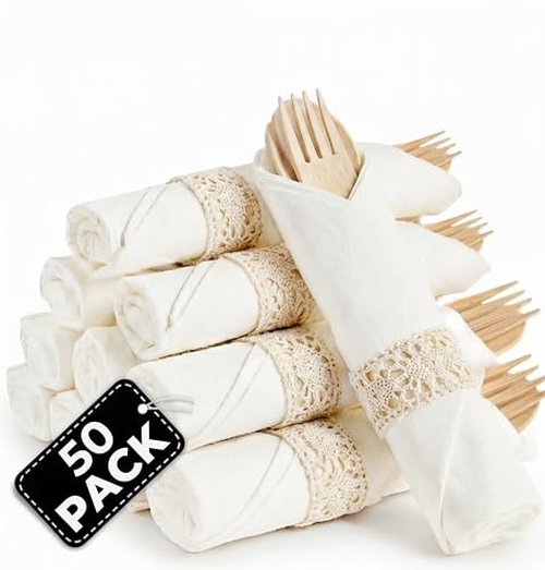 Pre Rolled Napkin and Bamboo Cutlery Set - 50 Pack Bamboo Utensils Wooden Cutlery 50 Forks 50 Knives 50 Spoons 50 Napkins, Pre Wrapped Disposable Silverware Cutlery for Party, Wedding, Events