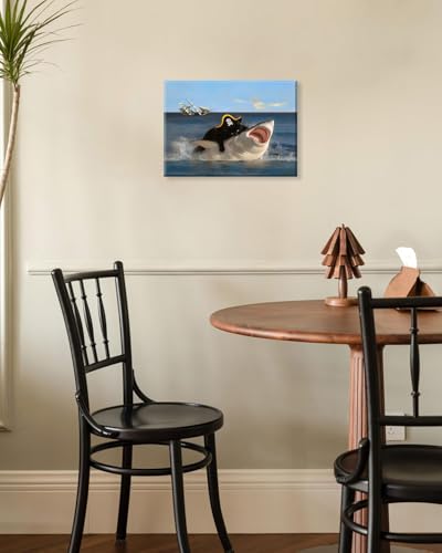 Funny Black Cat Biting Shark Wall Art - 12x16 Unframed Print