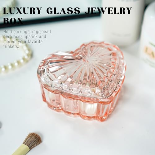 KANPURA Pink Glass Heart Jewelry Box with Lid for Rings and Trinkets