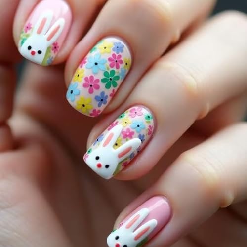 Easter Press on Nails Short Square False Nails with Cute Rabbit Flower