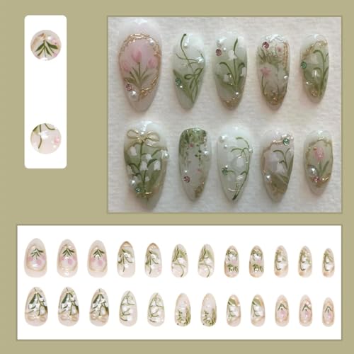 Floral Press On Nails Medium Almond Fake Nails with Pearls