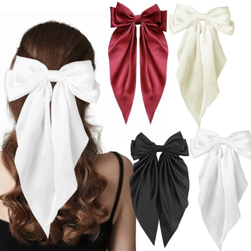 THSIREE 4PCS Oversized Satin Hair Bows with Long Tails and Clips